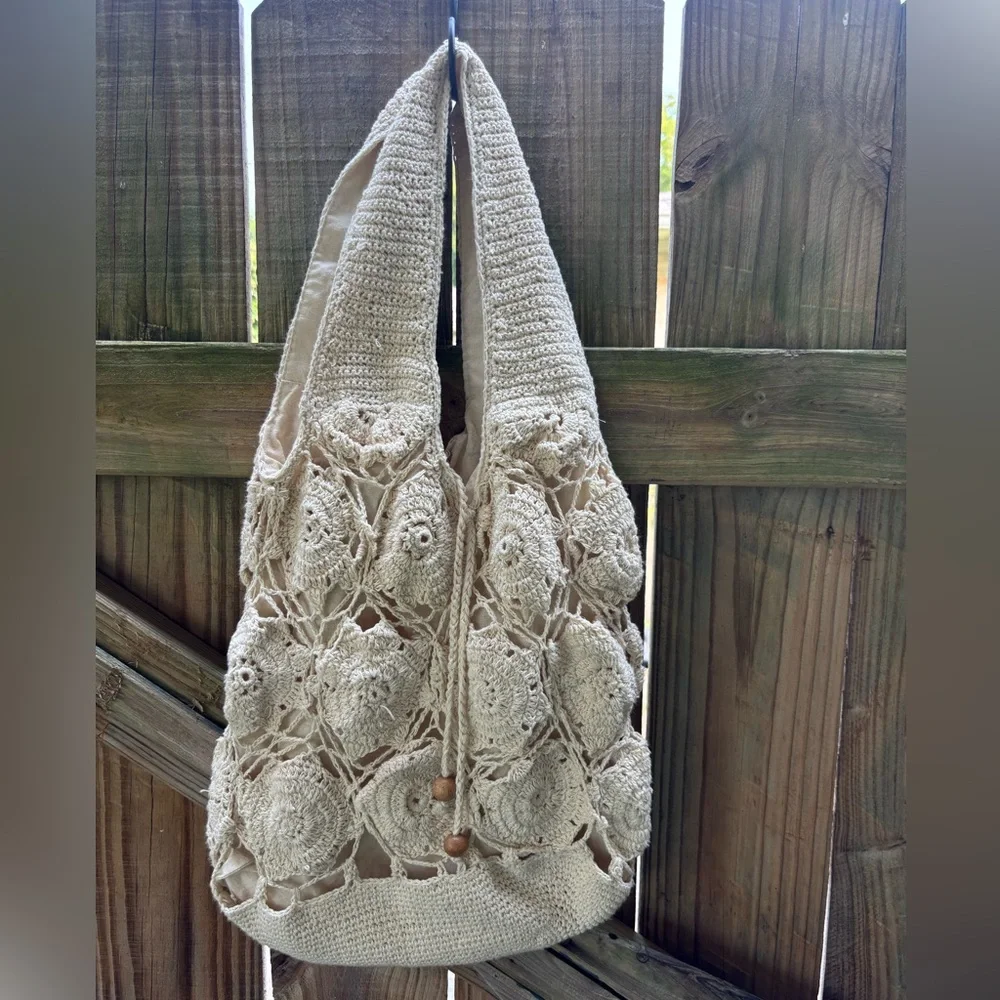 Granny Squares Crochet Fully Lined Ivory Tote Shoulder Bag - Picture 8 of 8
